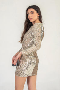 Long Sleeve Sequin Mini Dress In Cream