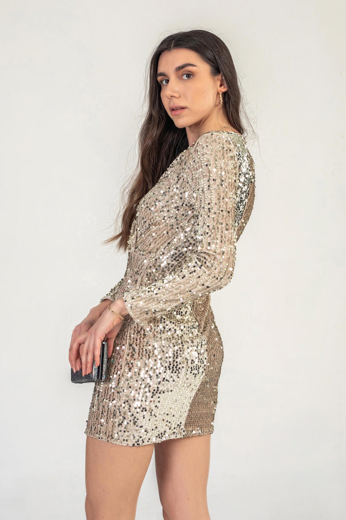 Long Sleeve Sequin Mini Dress In Cream