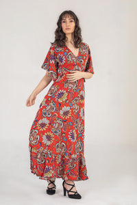 Maxi Dress In Red Tropical Floral Print