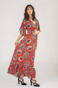 Maxi Dress In Red Tropical Floral Print