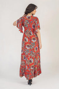 Maxi Dress In Red Tropical Floral Print
