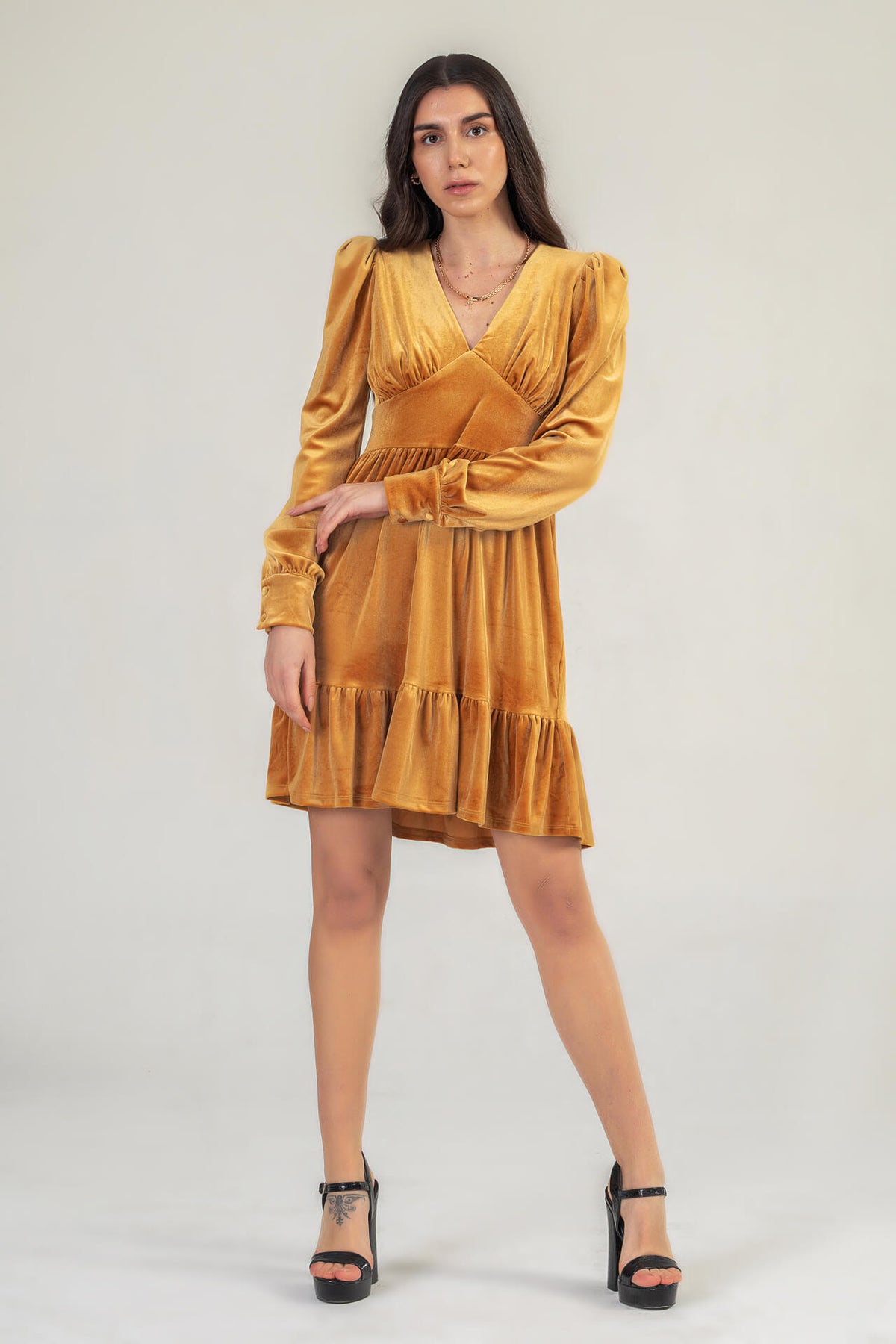 Mustard Velvet mini dress with puff sleeve