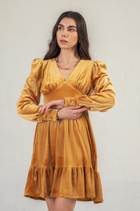 Mustard Velvet mini dress with puff sleeve