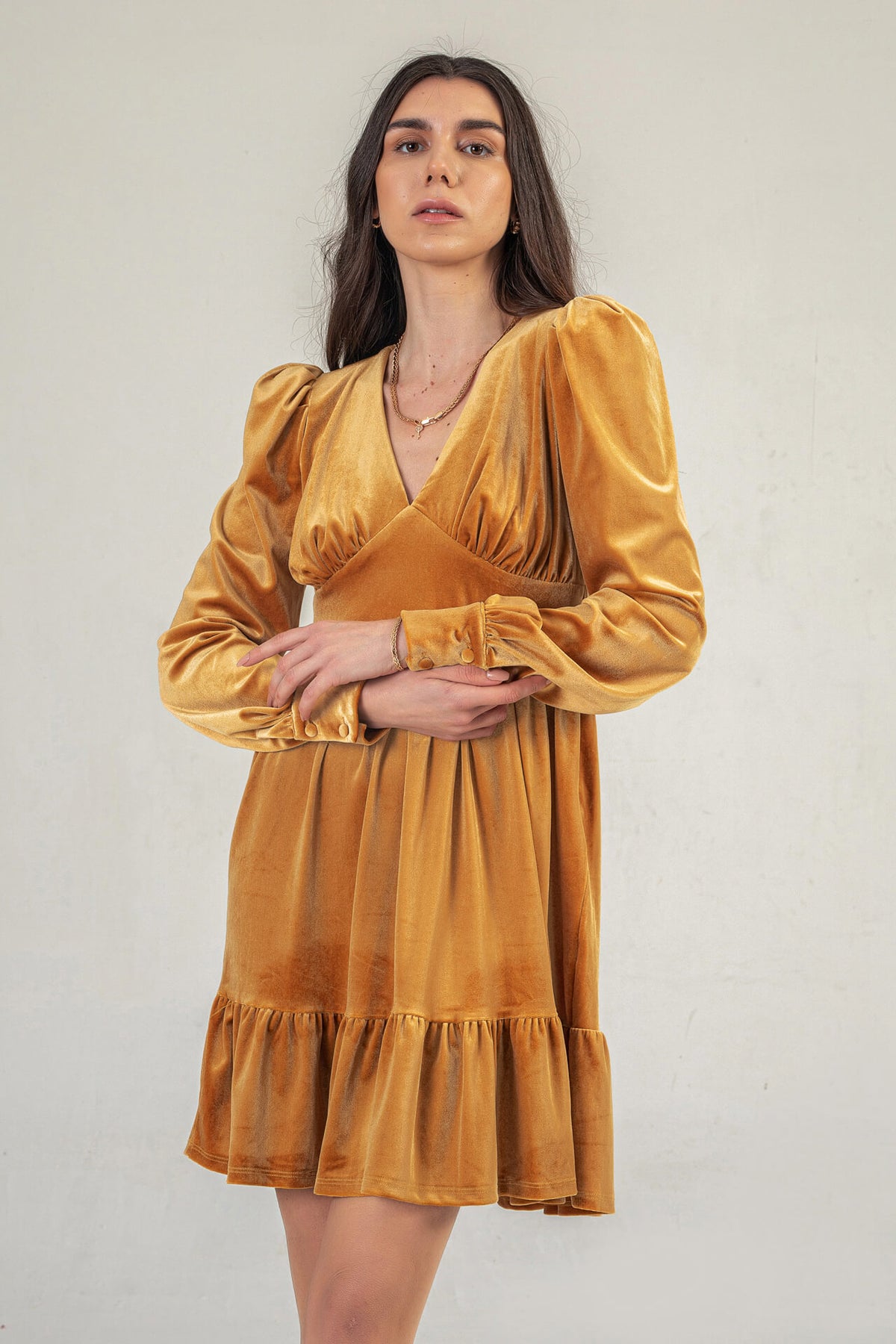 Mustard Velvet mini dress with puff sleeve
