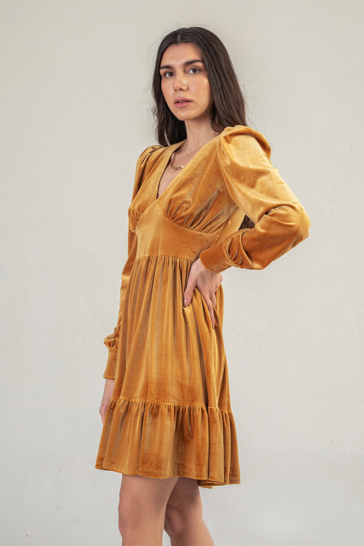 Mustard Velvet mini dress with puff sleeve