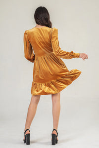 Mustard Velvet mini dress with puff sleeve