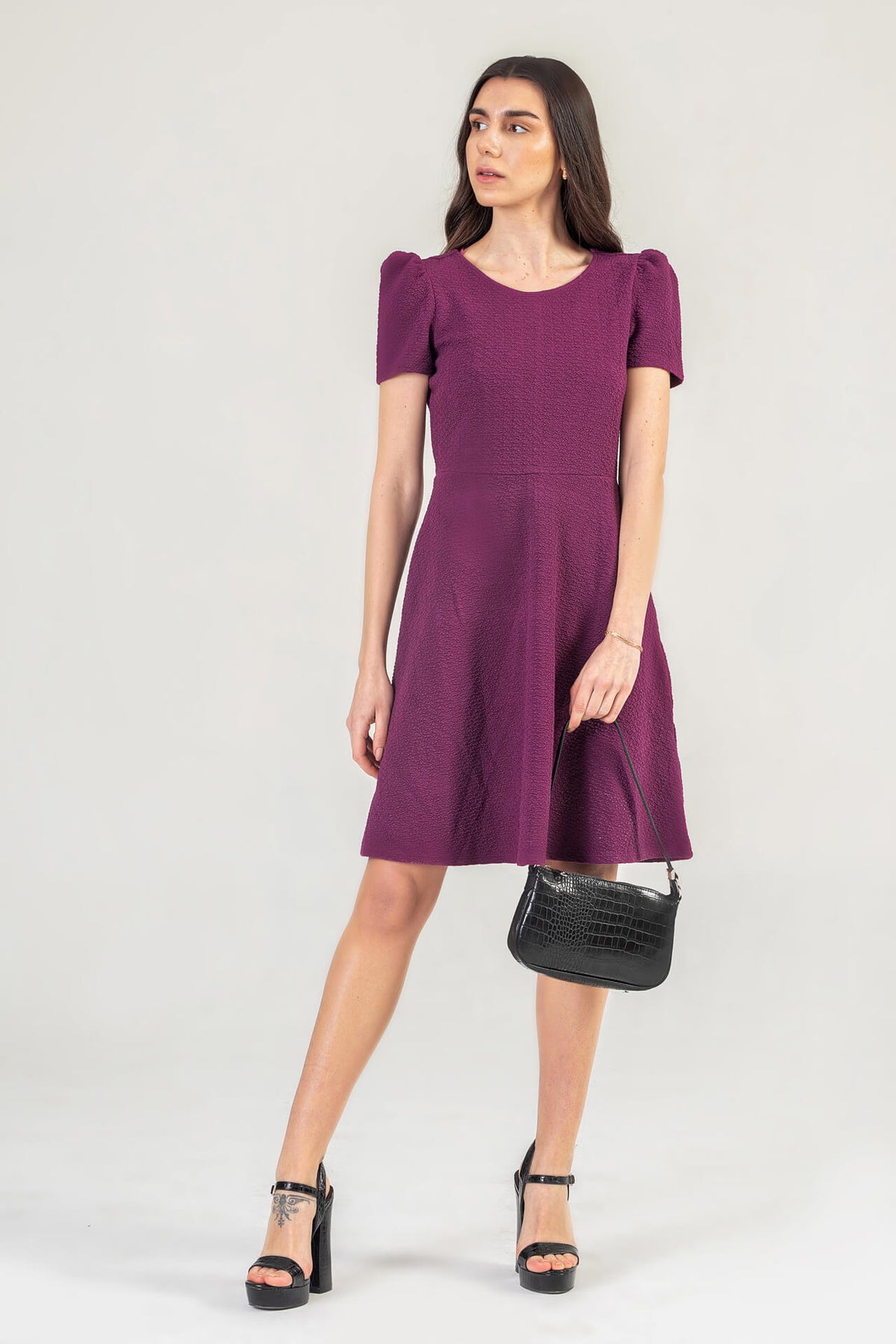 Navy Textured Mini Dress With Short Sleeves