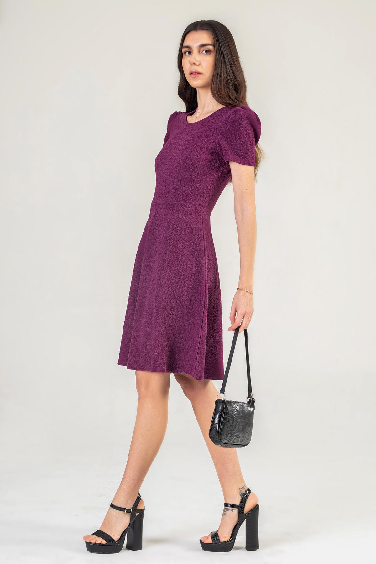 Navy Textured Mini Dress With Short Sleeves