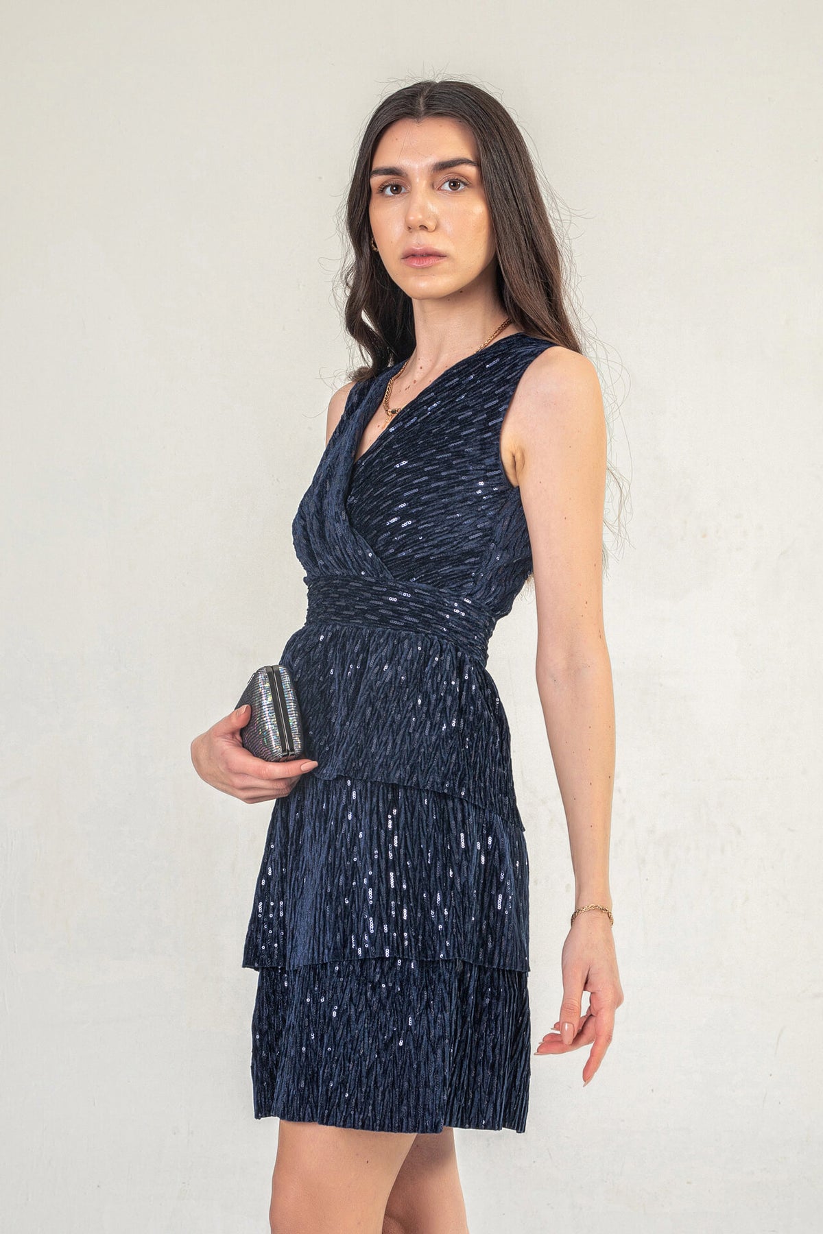 Navy Velvet Sequin Dress With Tiering