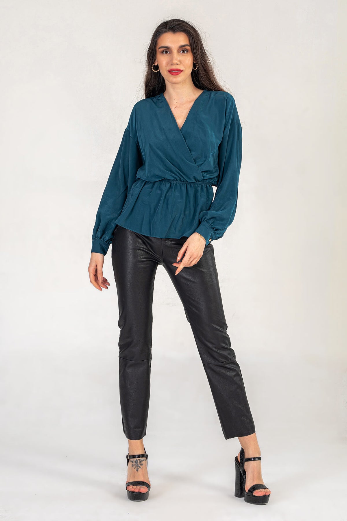 Petrol Blue Satin V Neck Top