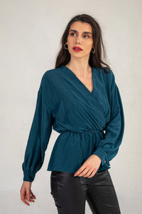 Petrol Blue Satin V Neck Top