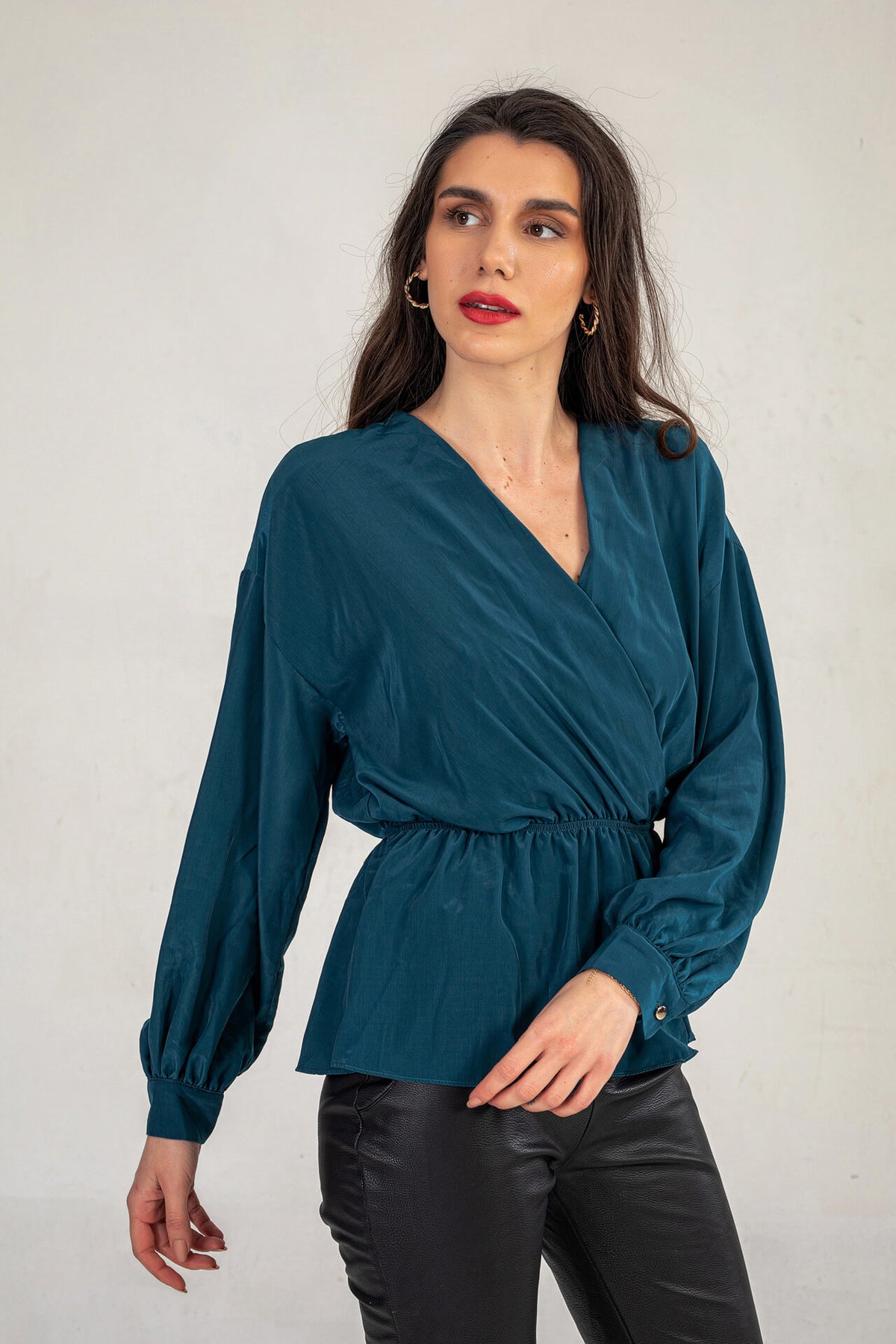 Petrol Blue Satin V Neck Top
