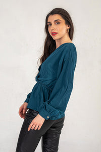 Petrol Blue Satin V Neck Top