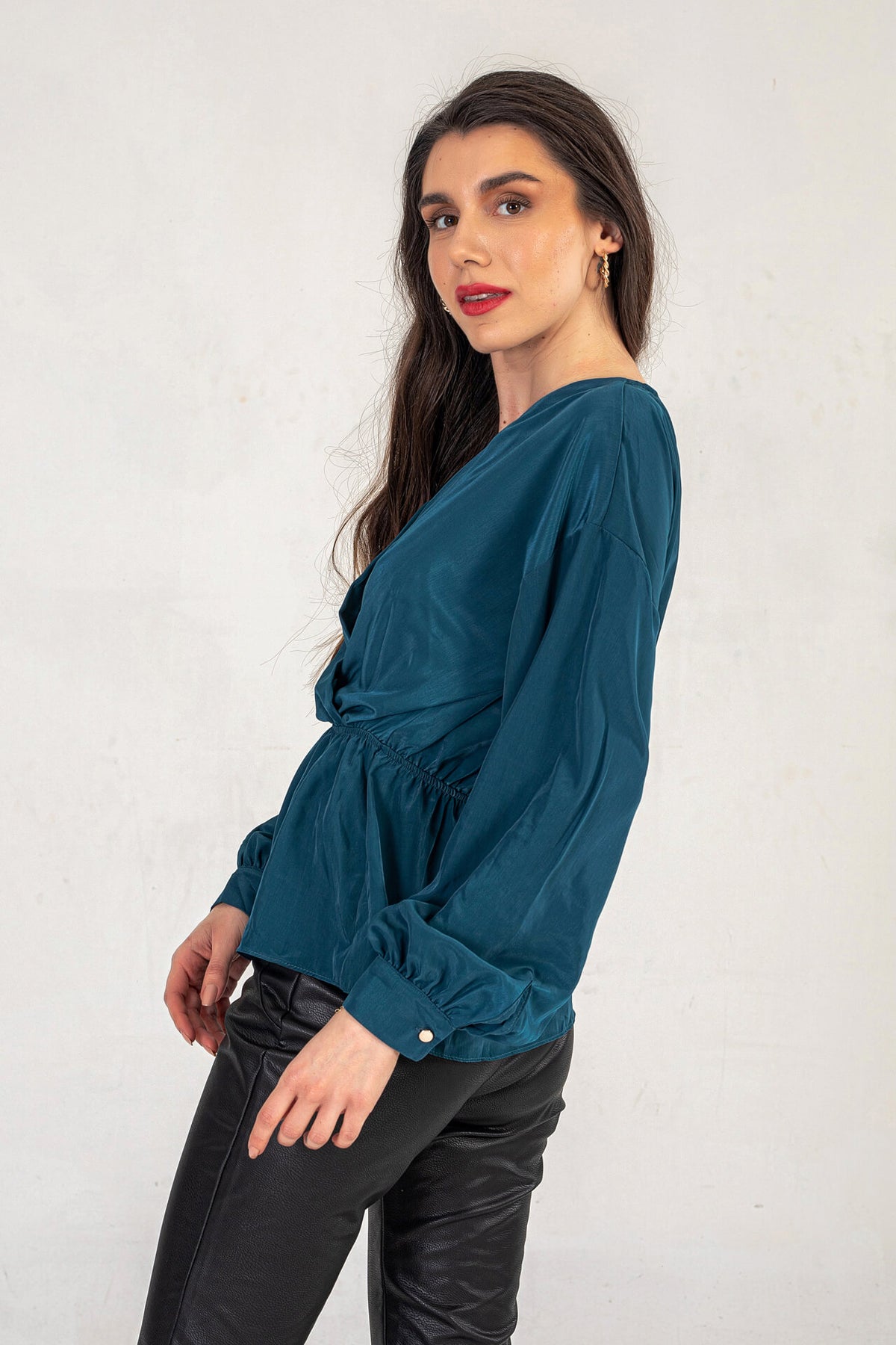 Petrol Blue Satin V Neck Top