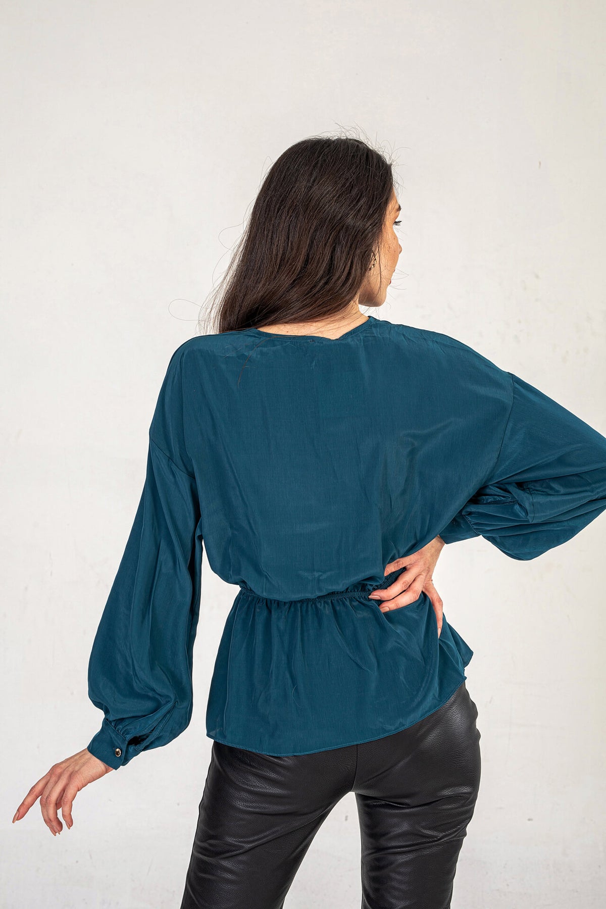 Petrol Blue Satin V Neck Top