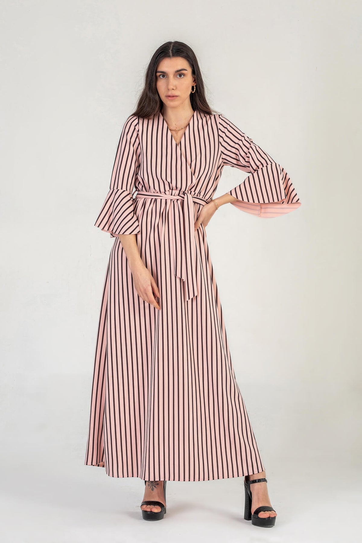 Pink Pinstripe Wrap Maxi Dress