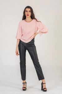 Pink Top With Light Pinstripe And Pearl Detail Sleeve