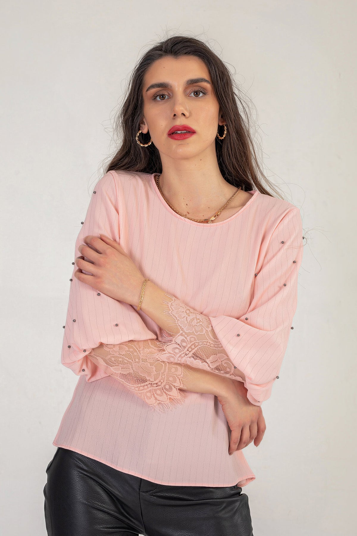 Pink Top With Light Pinstripe And Pearl Detail Sleeve