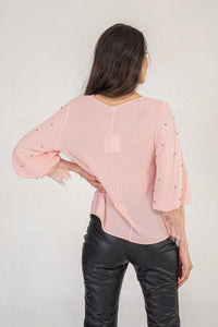 Pink Top With Light Pinstripe And Pearl Detail Sleeve