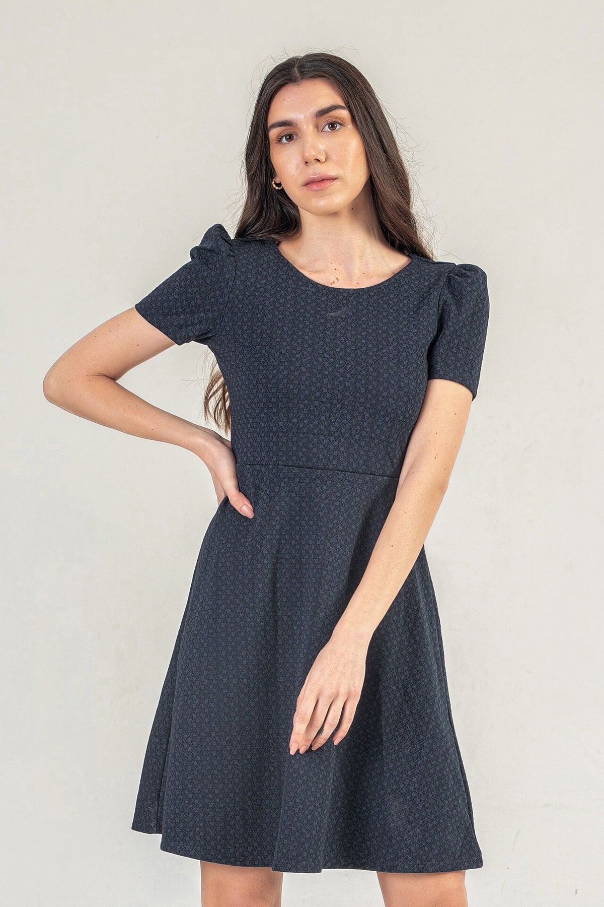 Plum Textured Mini Dress With Short Sleeves