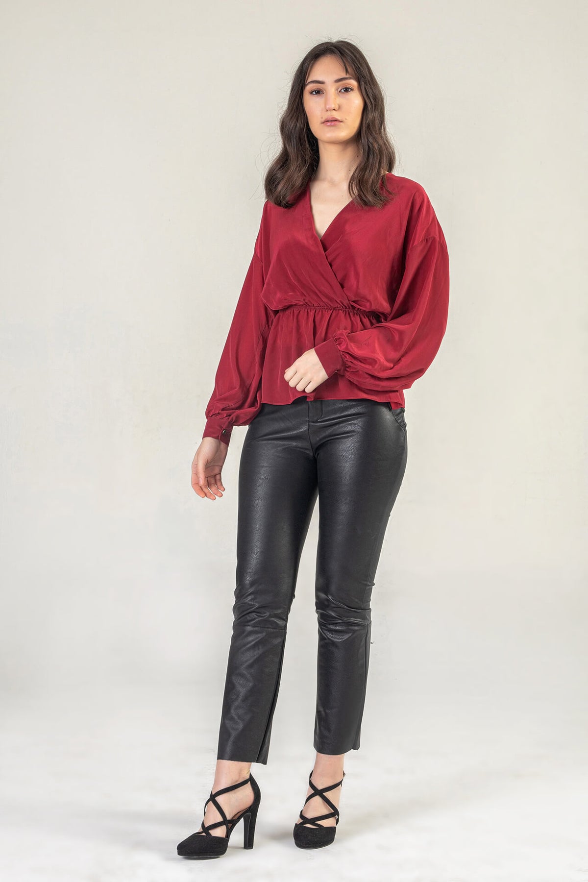 Red Satin V Neck Top
