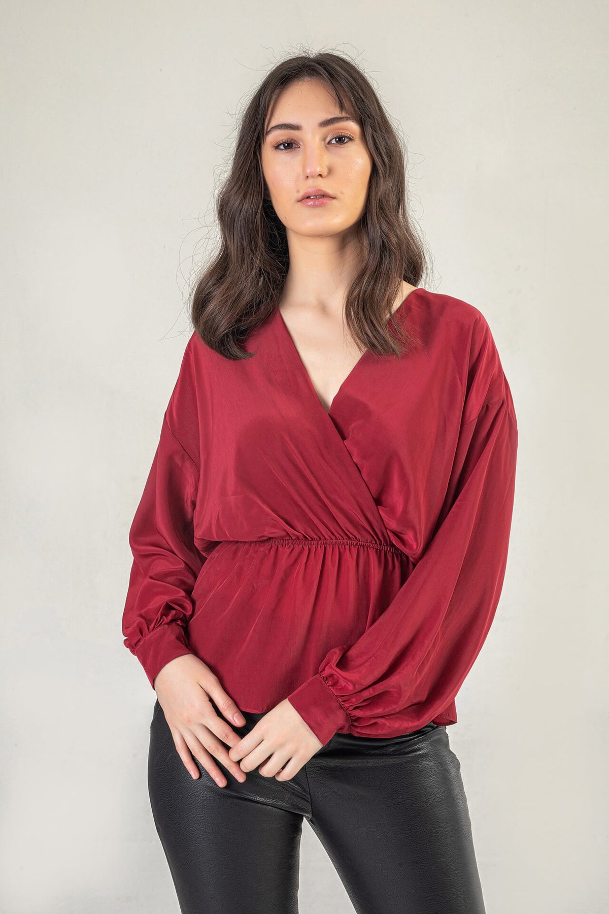 Red Satin V Neck Top