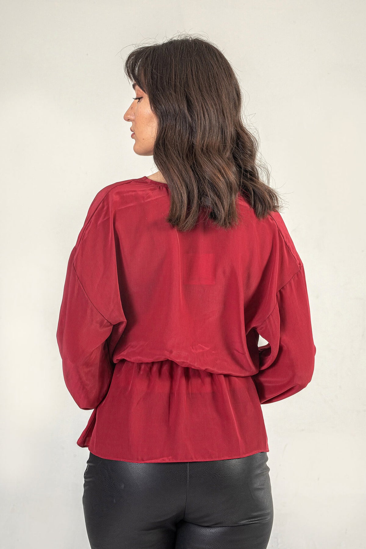 Red Satin V Neck Top