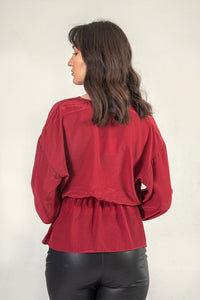 Red Satin V Neck Top