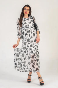 3/4 Sleeve Maxi Dress In White & Black Floral Print