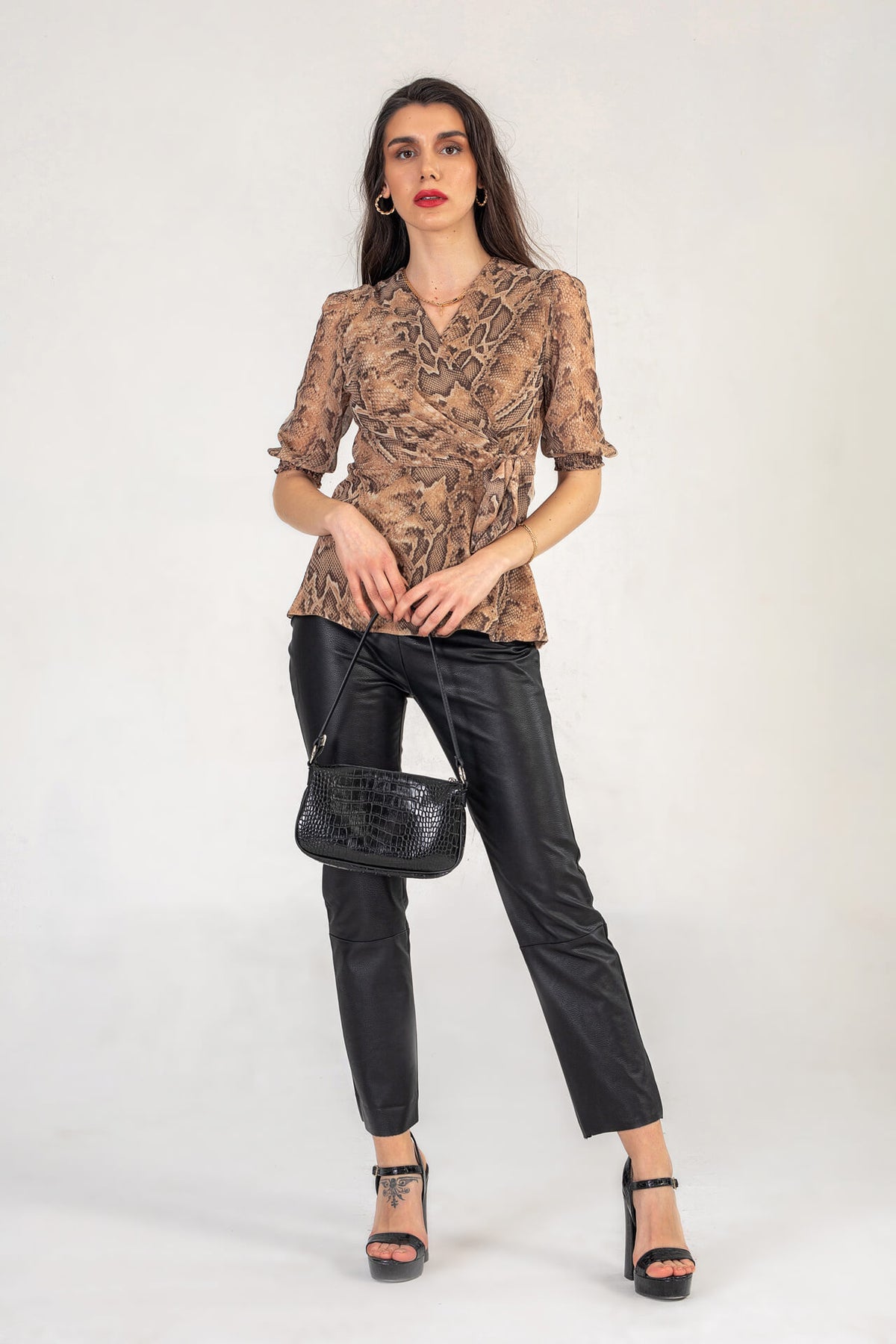 Snake Print V Neck Top With Tie Waist