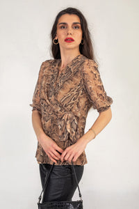 Snake Print V Neck Top With Tie Waist