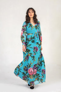 Turquoise Blue Floral Wrap Maxi Dress