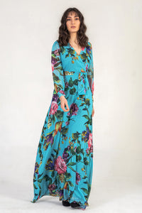 Turquoise Blue Floral Wrap Maxi Dress