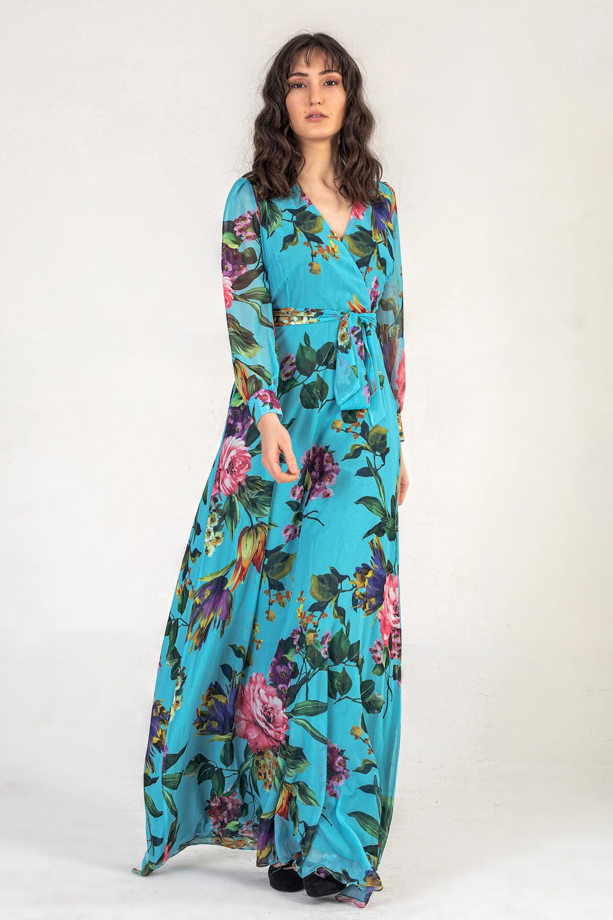 Turquoise Blue Floral Wrap Maxi Dress