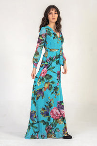 Turquoise Blue Floral Wrap Maxi Dress