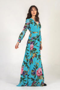 Turquoise Blue Floral Wrap Maxi Dress