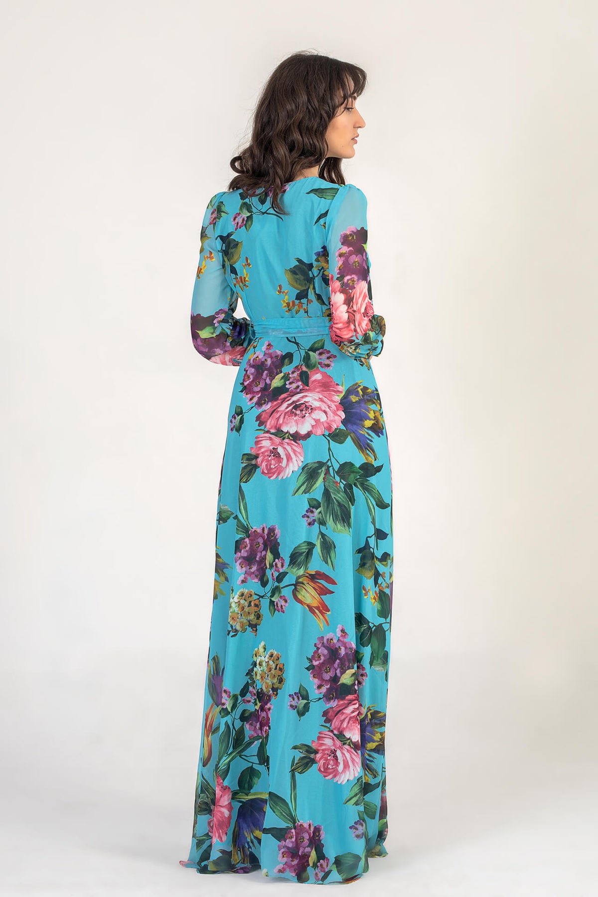 Turquoise Blue Floral Wrap Maxi Dress