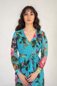 Turquoise Blue Floral Wrap Maxi Dress