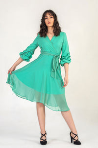 Turquoise Midi Dress With Ruched Sleeves