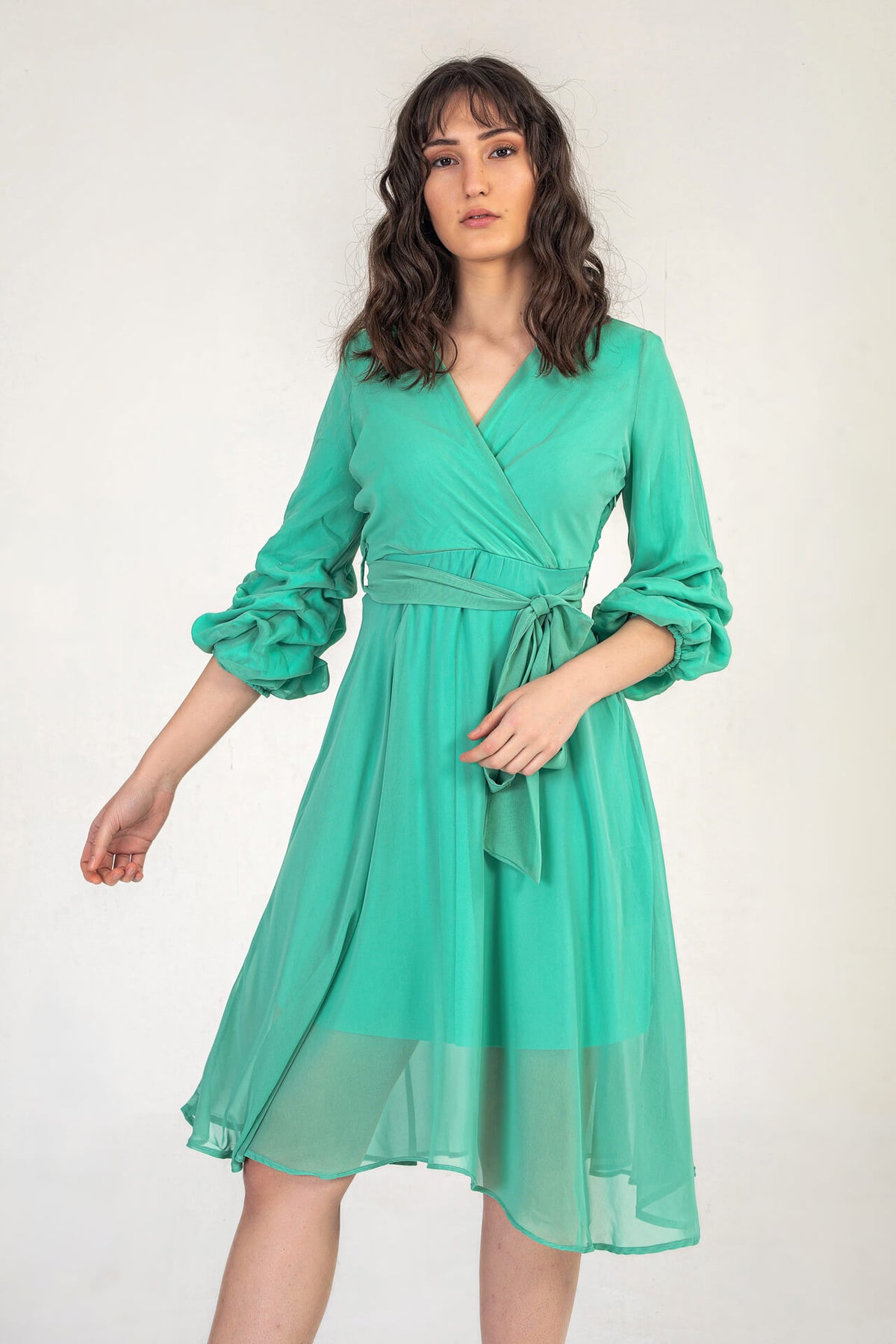 Turquoise Midi Dress With Ruched Sleeves
