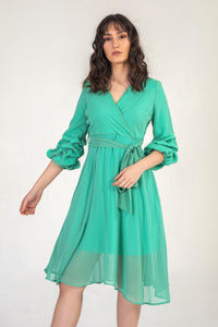 Turquoise Midi Dress With Ruched Sleeves
