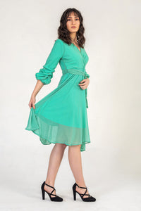 Turquoise Midi Dress With Ruched Sleeves