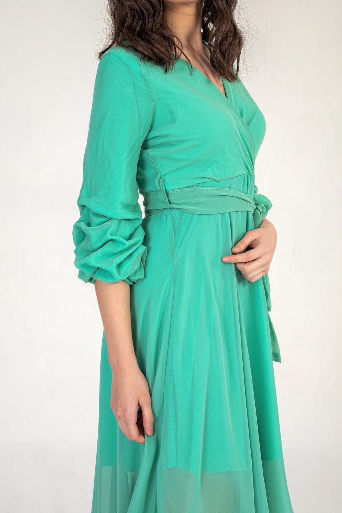 Turquoise Midi Dress With Ruched Sleeves