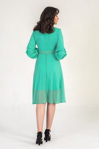 Turquoise Midi Dress With Ruched Sleeves
