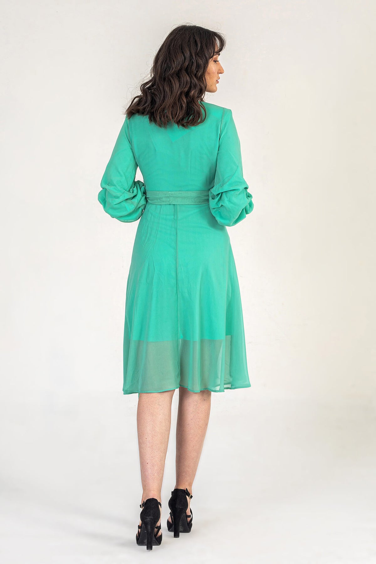 Turquoise Midi Dress With Ruched Sleeves
