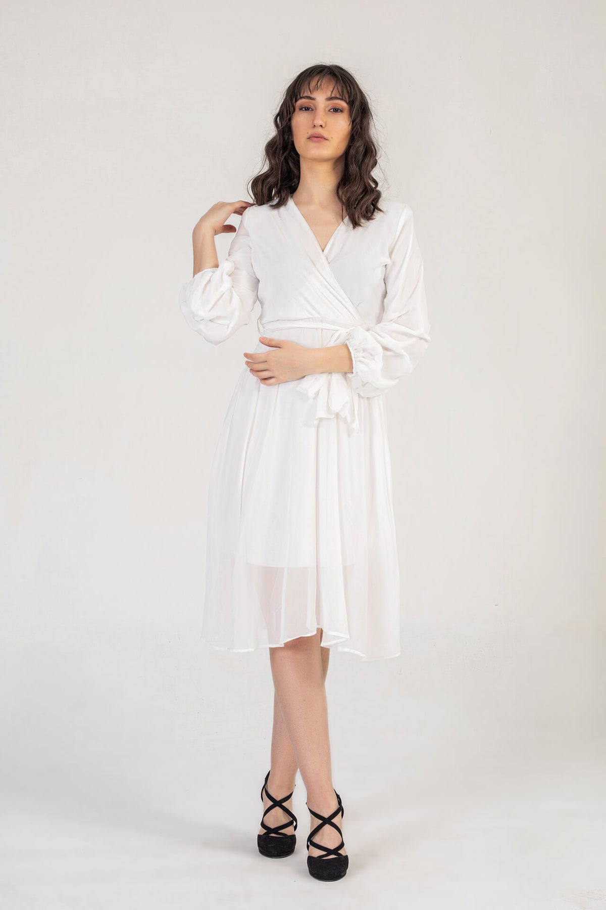 White Midi Dress With Ruched Sleeves