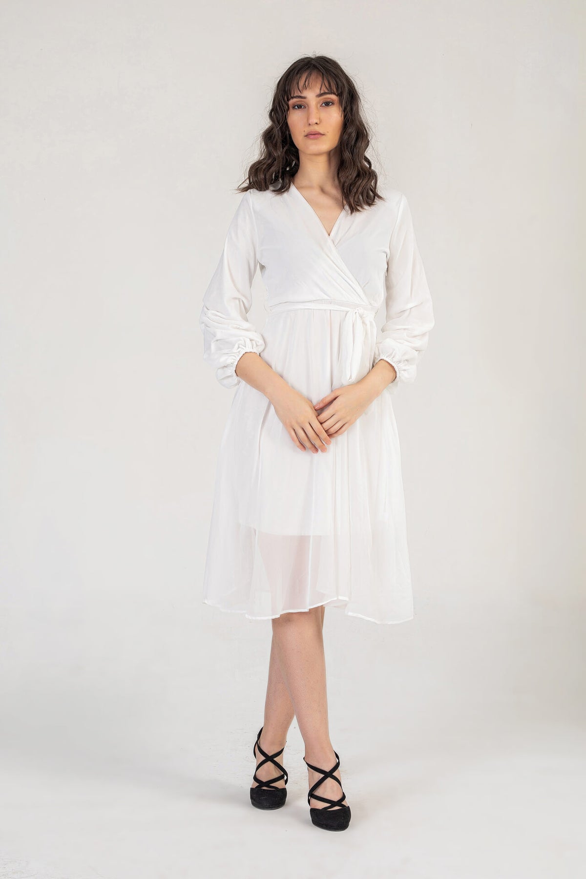 White Midi Dress With Ruched Sleeves