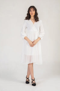 White Midi Dress With Ruched Sleeves