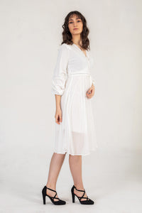 White Midi Dress With Ruched Sleeves