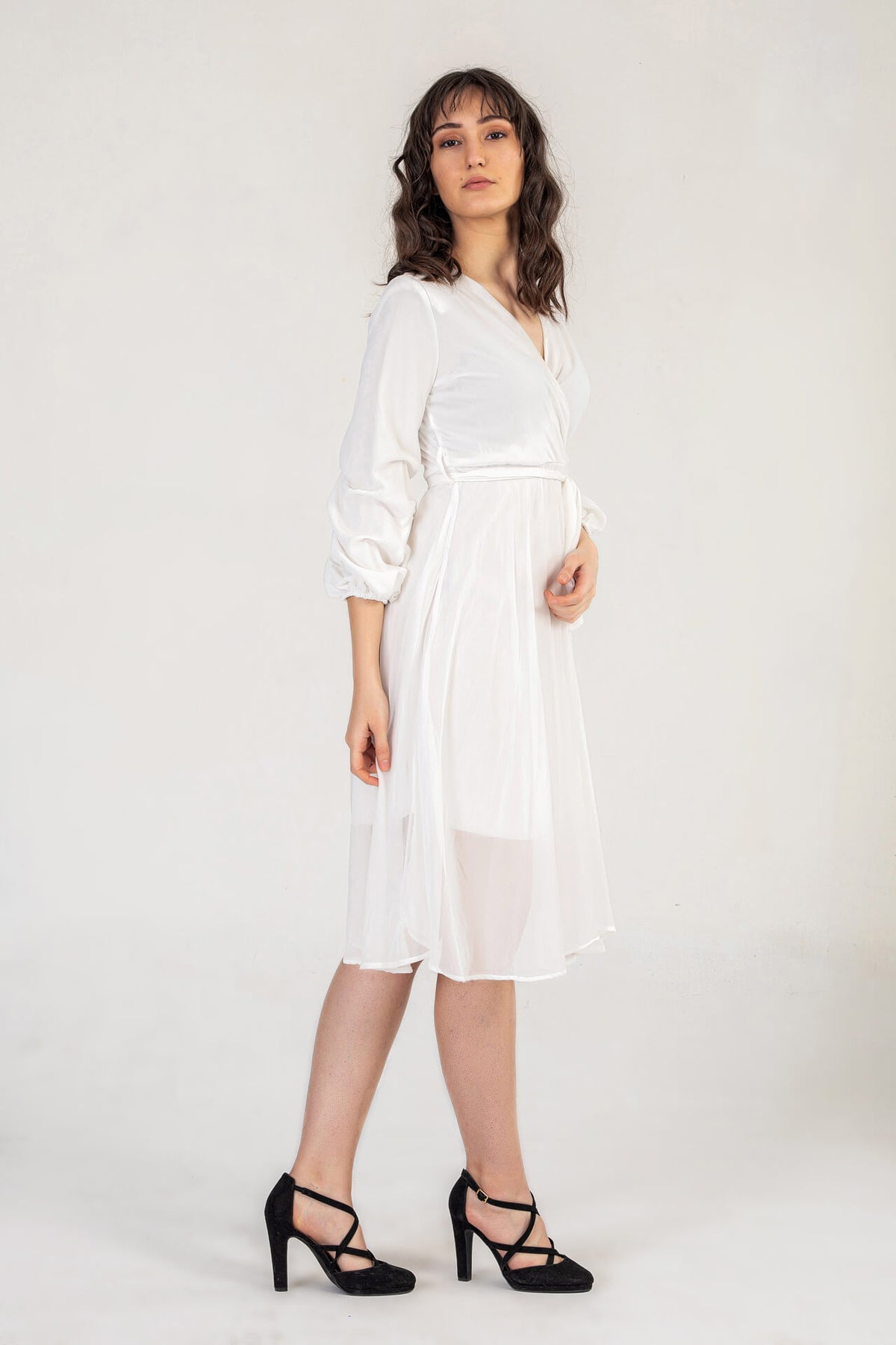 White Midi Dress With Ruched Sleeves